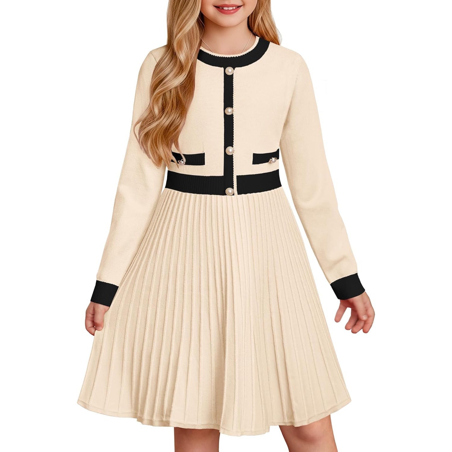 Grace Karin Girls Knit Sweater Dress with Contrasting Trim